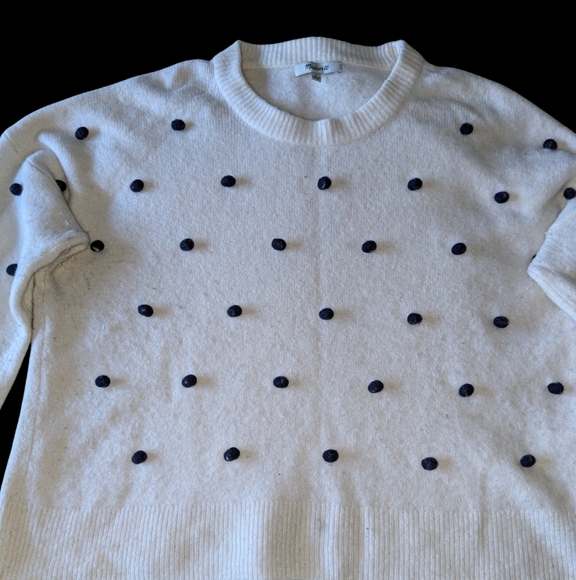 Madewell Wool Blend Pullover Sweater, Size Med, Cream Navy w/ Polka Dot Pom Poms - Picture 3 of 7
